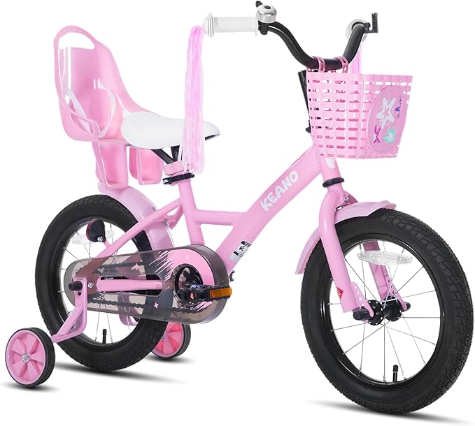 KEANO Zinnia 14 16 20 Inch Kids Bike for Girls Ages 3-10 Years, Girls' Bikes with Training Wheels, Streamers, Basket and Doll Seat, Children Bicycles
