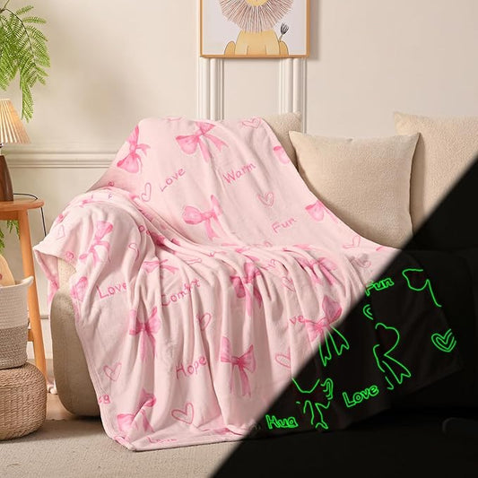 Lotus Karen Pink Bow Glow in The Dark Love Blanket Birthday Gifts for Girls 1 2 3 4 5 6 7 8 9 10 11 12 Kids Blanket with Heart Halloween Christmas Girl Gifts Ideas Cute Bedroom Decor（Pink Bow 50"×60"