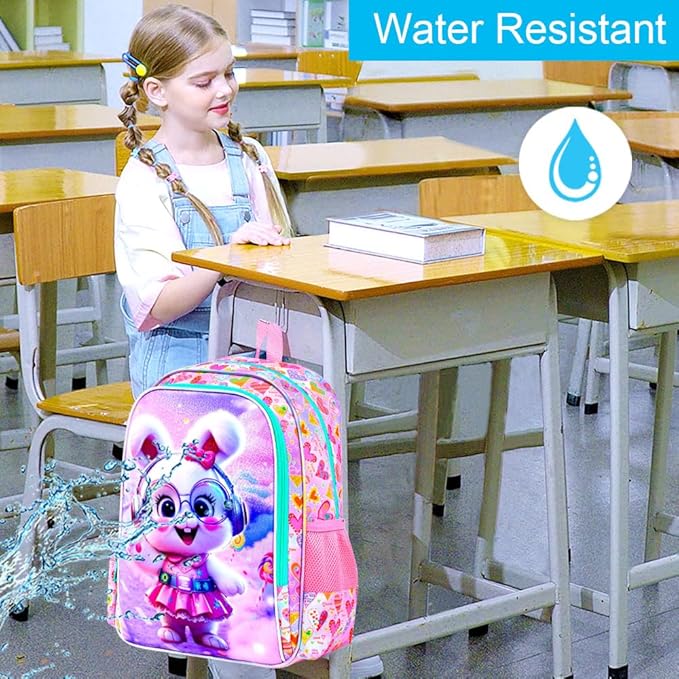 CCJPX 16" Bunny Backpack for Girls, 3Pcs Kids Bookbag with Lunch Box, Water Resistant Elementary School Bag for Kindergarten Preschool Toddler (Pink)