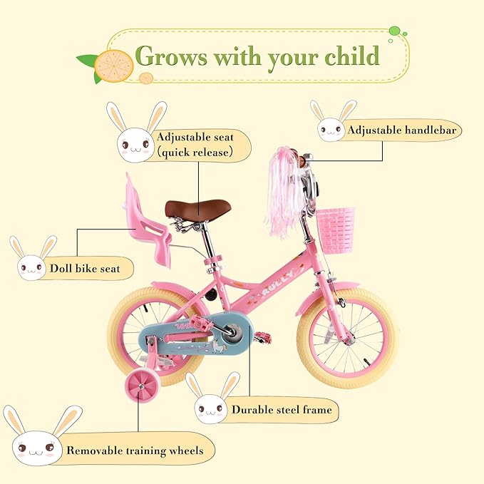 RULLY Kids Bike 12 14 16 inch for 2-7 Years Girls with Training Wheels & Front Handbrake, Kids Bicycle with Basket Bike Streamers Toddler Cycle Bikes