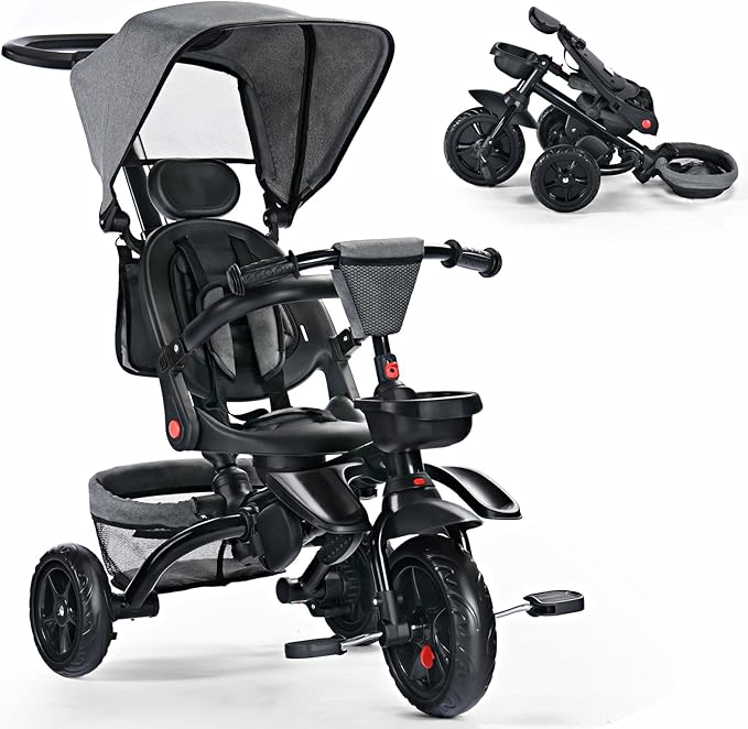 Folding Kids' Tricycle, 8 IN1 Baby Trike W/Removable Canopy &Parental Push Rod, Toddler Bike Stroller for Kids 1-5 Years, 360° Swivel Seat, EVA Wheels，Storage Basket, Grey