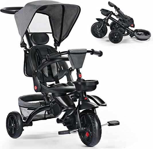 Folding Kids' Tricycle, 8 IN1 Baby Trike W/Removable Canopy &Parental Push Rod, Toddler Bike Stroller for Kids 1-5 Years, 360° Swivel Seat, EVA Wheels，Storage Basket, Grey
