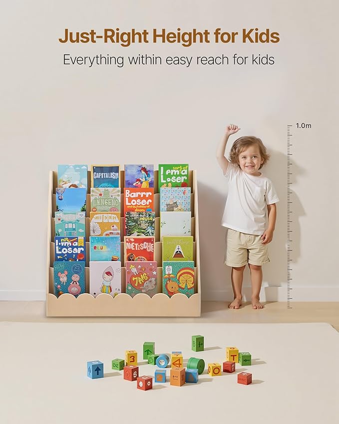 VEVOR 5-Tier Montessori Bookshelf, Scalloped Kids Bookcase, Wooden Book Shelf with 2 Dual Hooks, Daycare Furniture Display Bookshelf for Bedroom, Living Room, Entryway, Nursury, Preschool