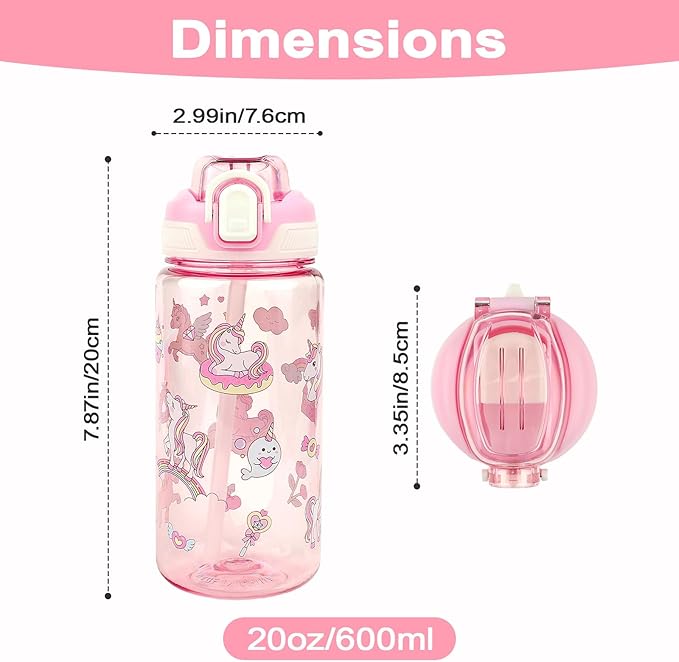 Kids Water Bottle for School or Travel, 20 Oz Durable Plastic Water Bottle with Silicone Straw and Pop-Up Spout Cover, BPA Free & Dishwasher Safe(Unicorn)