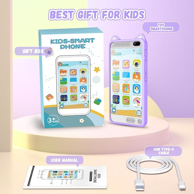 Toys Kids Smartphone, 3.97" Screen Dual Camera Kids Toys Phone with Music Player, 2000mA Toddler Toy Learning Phone with Games, Front Camera, Pretend Play Smartphone（Purple）