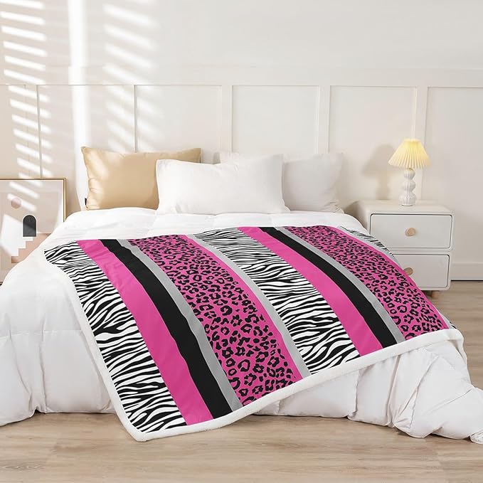Zebra Stripes Sherpa Blanket with Leopard Print - Pink Black White Ultra Soft Plush Throw for Kids Girls - Wild Animal Skin Fuzzy Decor for Sofa Bed Couch - Queen 90x90 Inch
