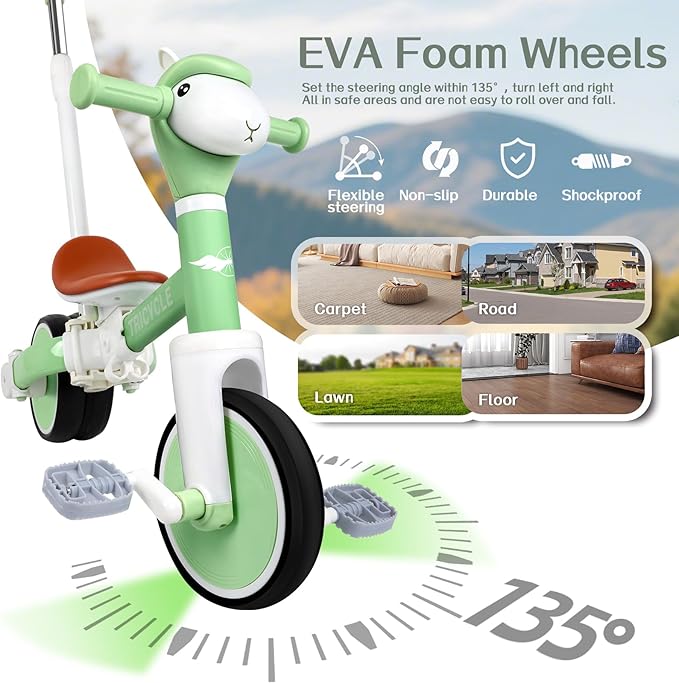 Tricycle for Toddlers 1-3 Year Olds, 5 in 1 Toddler Balance Bike 2-4 Years Old Boys Girls, Push Trike Toys with Adjustable Handle, Birthday Gifts for 2 3 4 5 Year Old Kids Bike (Green)