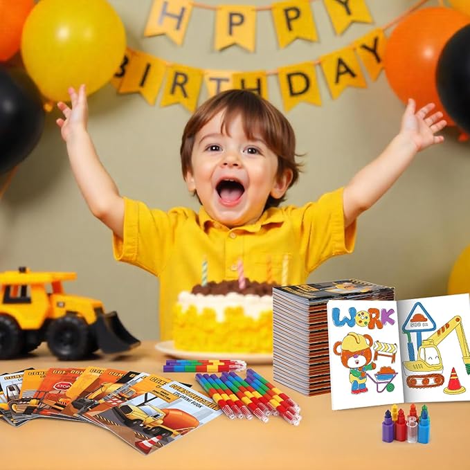 BenLouis 12 Construction Mini Coloring Books Kids with 12 Stacking Crayons Excavator Theme Party Favors Small Activity Books Bulk for Kids Construction Birthday Party Gift Goodie Bag Stuffers