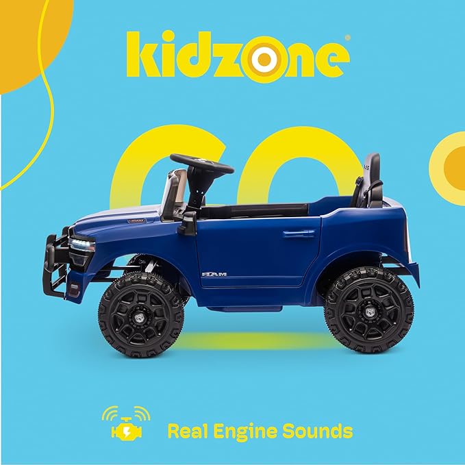 Kidzone 12V Licensed RAM 3500 Ride-On Truck for Kids, Battery Powered Electric Car w/Parent Remote Control & Manual Drive, Bluetooth, LED Lights - Blue