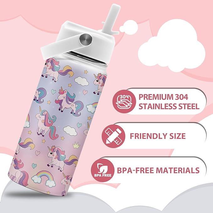 Unicorn Gifts for Girls, 16 oz Water Bottles with Straw Lid, Stainless Steel Insulated Tumbler, Cute Unicorn Cup Gifts for Birthday Christmas