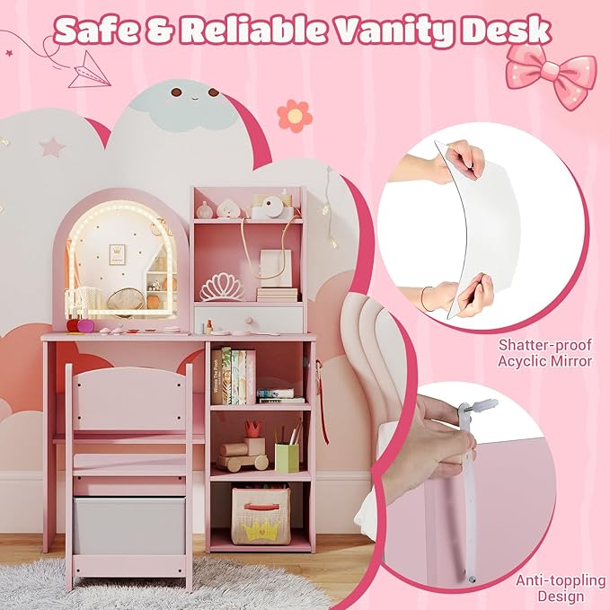 Costzon Kids Vanity with Lights, Girls Vanity Set with Mirror, Storage Drawer, Hooks & Shelves, Toddler Makeup Vanity Desk Dressing Table, Wooden Kids Vanity Table and Chair Set (Pink)