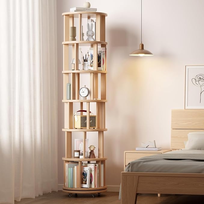 Solid Wood Rotating Bookshelf on Wheels, 6 Tier, Round Revolving Bookcase, 360° Spinning Book Shelf Tower for Kids, Narrow Rolling Bookshelves for Small Space, Corner, Bedroom, Office, Natural