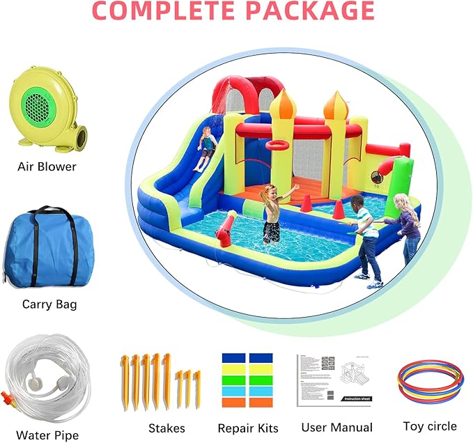 Blow Up Water Slides for Kids Backyard, Large Jumping Bouncy Castle for Kid Outdoor, 8in1 Inflatable Bounce House with 450W air Blower