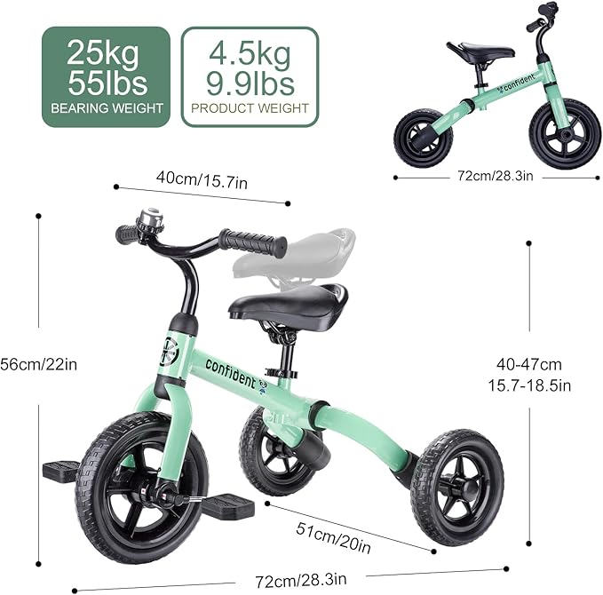 YGJT 3 in 1 Tricycle for Toddlers Age 2-5 Years Old, Folding Kids Balance Bikes with Adjustable Seat and Removable Pedal, Ride-on Toys for Infant, Gift for Baby Boys Girls Birthday (Mint Green)