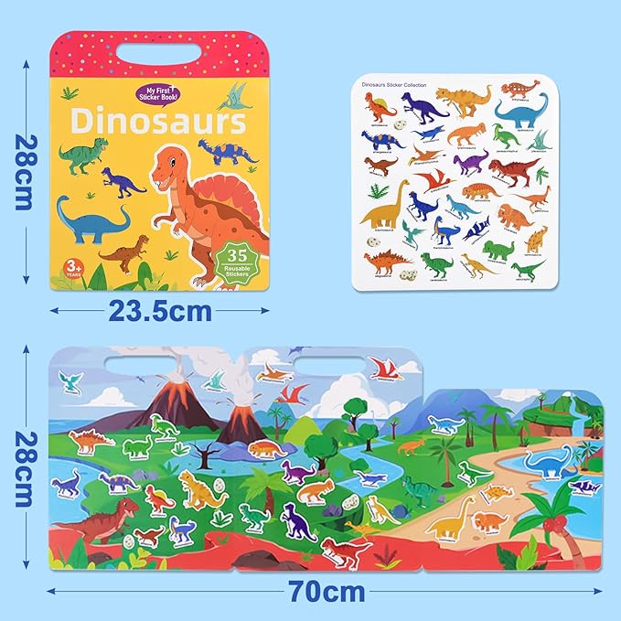 ASTARON 3 Pack Reusable 3D Puffy Sticker Book for Kids 3-6, Jelly Sticker Game Educational Sensory Learning Toy, Travel Toys and Busy Book(Dino Car Animal)
