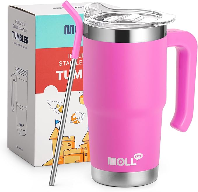 Kids Tumbler-16 oz Stainless Steel Double Wall Vacuum Insulated Tumbler Cup with Lid and Straw Travel Coffee Mug with Handle(Hot Pink)