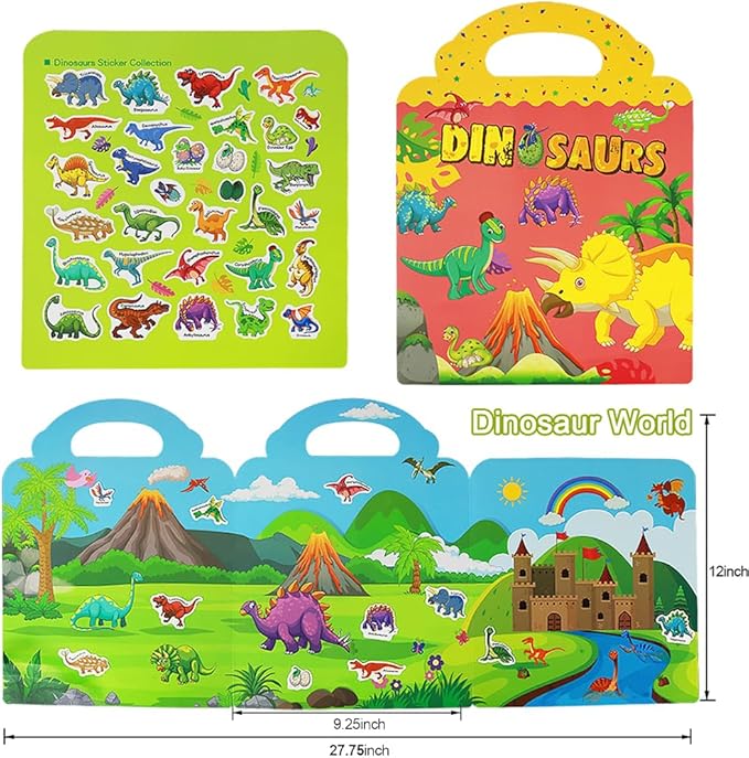 Reusable Sticker Book, Dinosaur Stickers Educational Learning Toys Travel Stickers Activity Books for Toddler Girls Boys Age 3+ Birthday Gifts