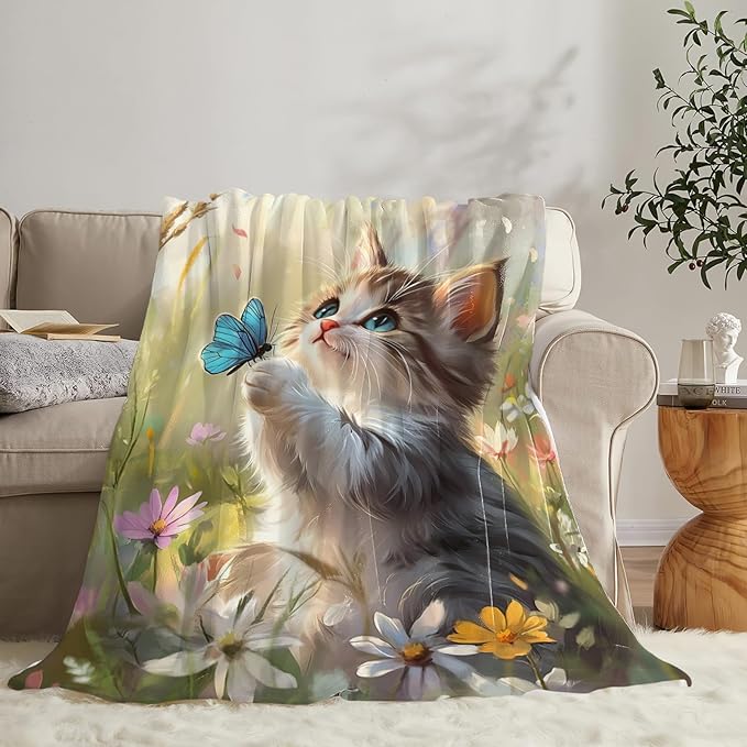 Cat Blanket Gifts for Girls Boys Blue Butterfly Throw Blankets Cozy Plush Cute Flower Fleece Lightweight Flannel Fuzzy 50"X40"