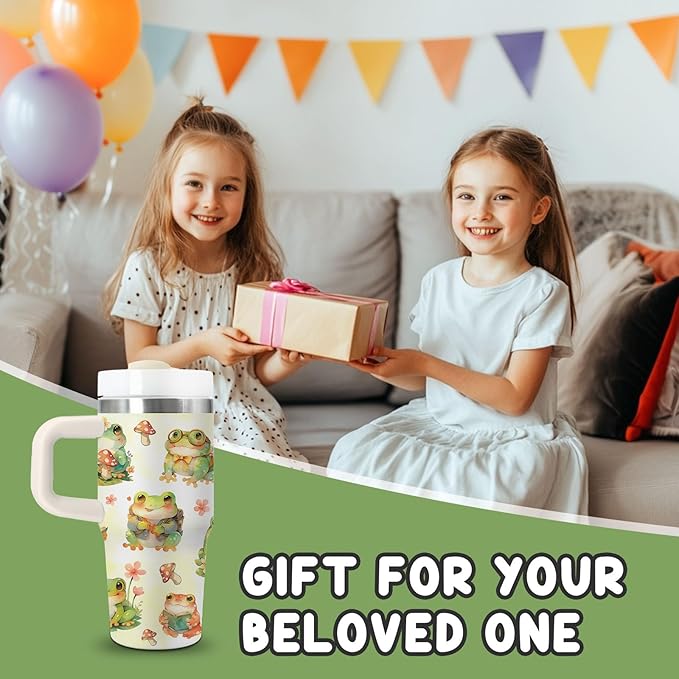 Frog Gifts for Kids - 14 Oz Cute Boys Girls Tumbler with Handle and Straw, Stainless Steel Insulated Tumbler, Sweatproof, for Sports, School, Travel - Frog Lovers Children Birthday Gifts Cups(1pc)