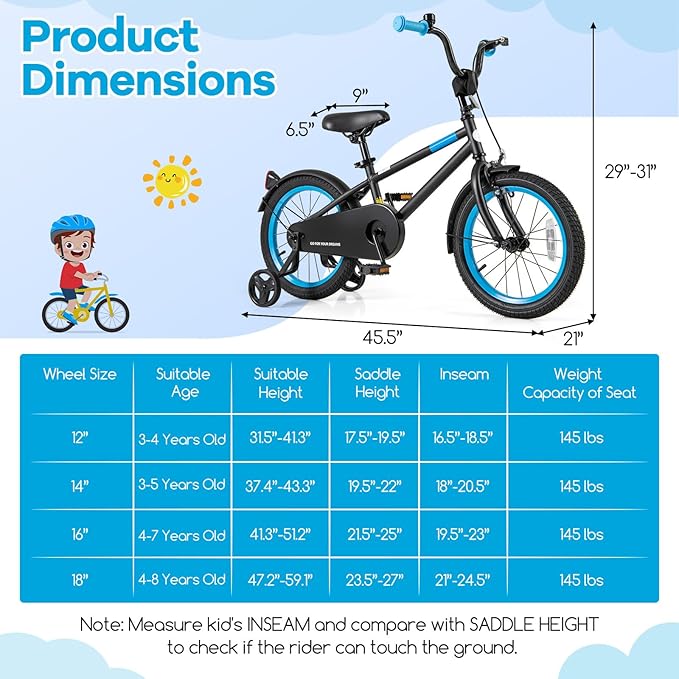 BABY JOY Colorful Macarons Kids Bike, 12 14 16 18 Inch Sporty Children's Bicycle with Training Wheels, Adjustable Handlebar & Saddle, Handbrake & Coaster Brake, Boys Girls Bike for 3-8 Years Old