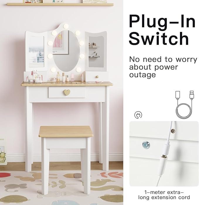 labebe Kids Vanity, Girls Vanity Desk with LED Changing Lights, Pretend Play Princess Vanity Set, Wooden Toddler Makeup Desk Dressing Table with Drawer and Chair (White)