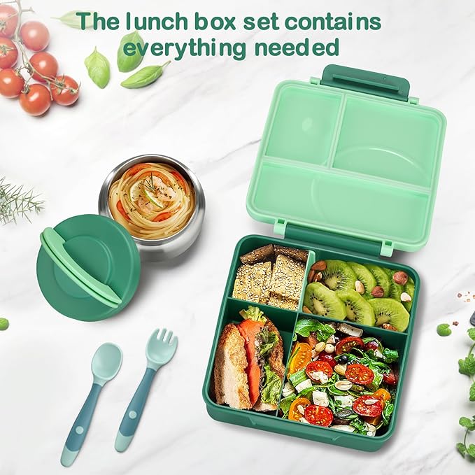 Bento Lunch Box Set for Kids with 8oz Soup Thermo, Leak-Proof Lunch Containers with 4 Compartment, Kids Thermo Hot Food Jar and Insulated Lunch Bag for Kid to School-Green