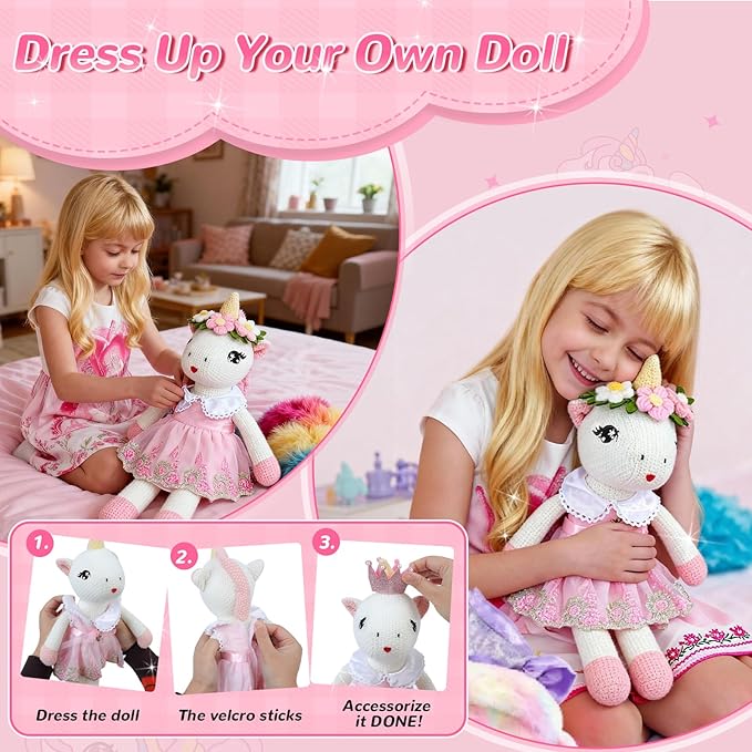 Unicorns Toys for Girls Age 3-10, Ballerina Stuffed Animal Girl Toys with 3 Set Clothes & Plush Storage Bag, Dress up Doll Birthday Gift for Toddles Girls Stocking Stuffers