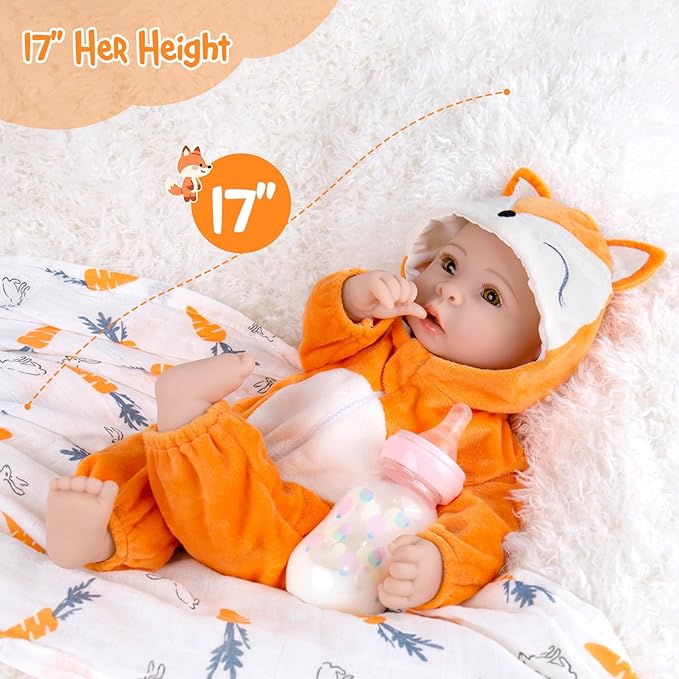 Aori Baby Dolls - 17 Inch Real Life Doll with Ultra Soft Body & Fox Outfits for Girls 3+ | Pretend Play, Adoption Day, Photography Prop, Collectible