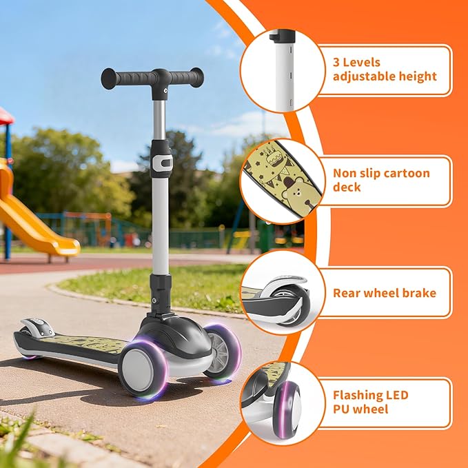 Kick Scooter Kids with LED Lighted Wheels and 3 Adjustable Height, Lean-to-Steer & Widen Anti-Slip Deck, 3 Wheel Scooter for Boys & Girls Up to 110 Lbs