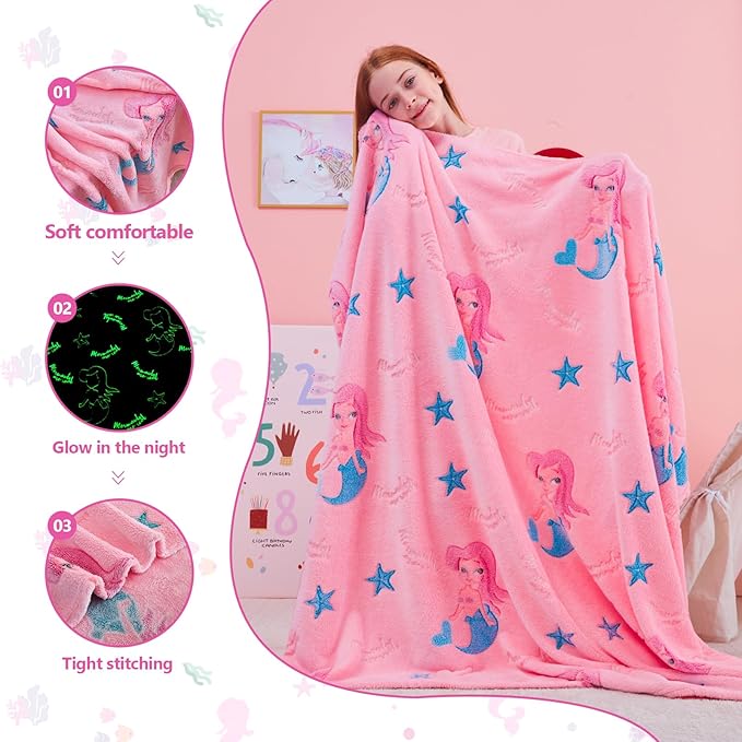 QSTEHEML Mermaid Gifts Toys for Girls Kids,Glow in The Dark Blanket Birthday Christmas Soft Luminous Throw Blanket for Age 3-12 Years Old Toddler Teens Child Daughter 50"x60"