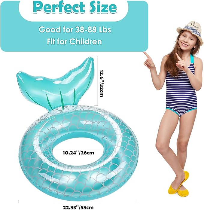 HeySplash Pool Floats Kids, Inflatable Swimming Ring Mermaid Tail Shaped Swim Tube Floaties, Summer Water Fun Beach Party Swimming Pool Toys for Kids Children Water Activities, Blue