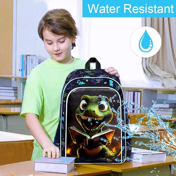 3Pcs Dinosaur Backpack for Boy, 16" Bookbag for Elementary Preschool Kindergarten, Kids School Backpacks with Lunch Box (Black)