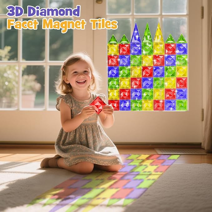 60pcs Diamond Magnetic Tile, Magnetic Building Blocks Magnet Toy with Iron Box, STEM Educational Montessori Indoor Building Kit for Preschool Boys Girls Age 3+ Classroom Must Haves