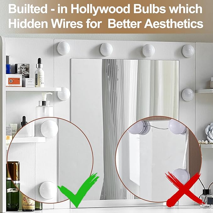 White Vanity Desk with Lighted Mirror, 39.4''W Makeup Vanity with 3-Color Adjustable Brightness, 7 Drawers & Open Shelves, Big Vanity Table for Bedroom, Girls & Women