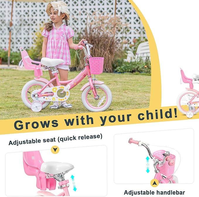 Glerc Maggie Girls Bike, 12-20 Inch Kids Bike for 2-13 Years Old Children, Princess Style Kids Bicycle with Doll-Seat & Basket & Training Wheels, Multiple Colors