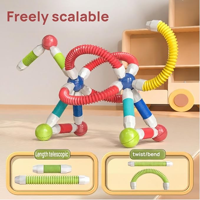 85PCS Extendable Magnetic Toy Montessori Toys for Boys & Girls,STEM Education Building Blocks,Pop Tubes & Balls,Sensory Toys for 3+ Year Old Toddlers