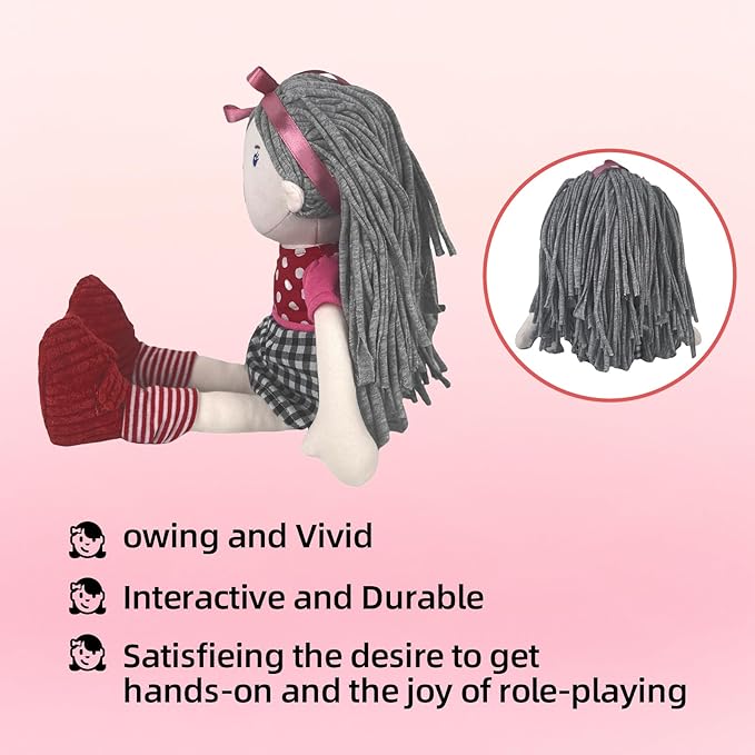 13” Soft Baby Doll Toy, Plush Rag Doll Featuring Gray Flowing Hair, Pink Headband, Polka - Dot & Checkered Dress, Ideal Stuffed Toy for Kids' Gifting & Play