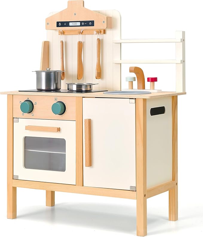 Wooden Play Kitchen for Kids, Adjustable Height Wooden Toys Kids Kitchen Playset, Mordern Designed Toys Kitchen Gift with Play Food Kitchen Accessoires for 3Y+