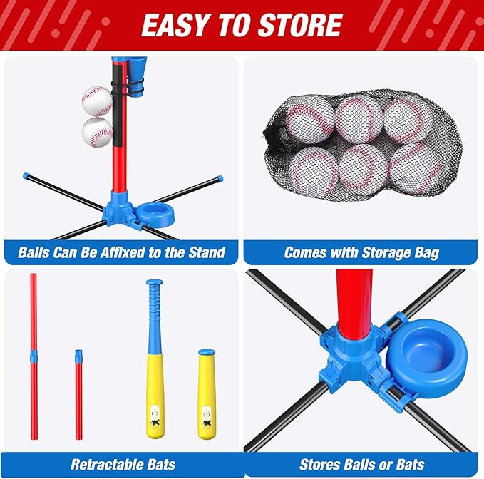 QDRAGON 4 in 1 Tball Set for Toddlers 3-5 with Toss and Catch Ball Set/ 2 Bats, Hanging Tee Ball Stand with Auto Pitching Machine, Indoor Outdoor Sport Toys Christmas Birthday Gifts for Boys Girls