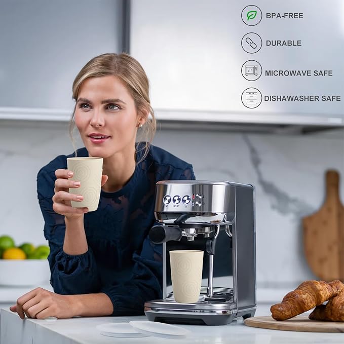 Wheat Straw Cups with Silicone Covers 16oz Set of 6 - Alternative Plastic Cups Microwave & Dishwasher Safe - Plastic Drinking Cups Unbreakable for Kids - Beige