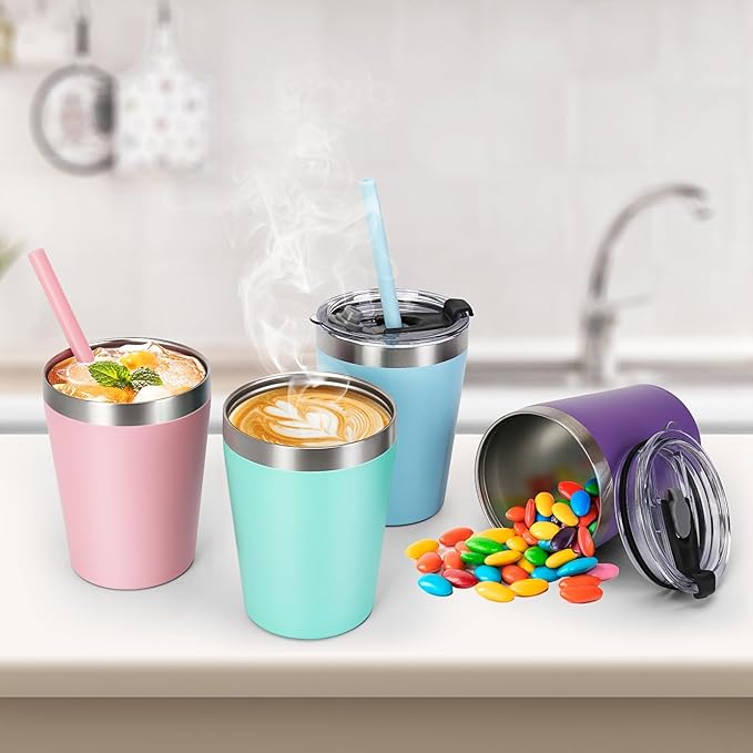 Toddler Straw Cups, 8oz Stainless Steel Insulated Tumblers with Lids and Straws, Powder Coated Double Wall Vacuum Kids Drinking Sippy Cups for Baby Boys Girls, 4 Pack