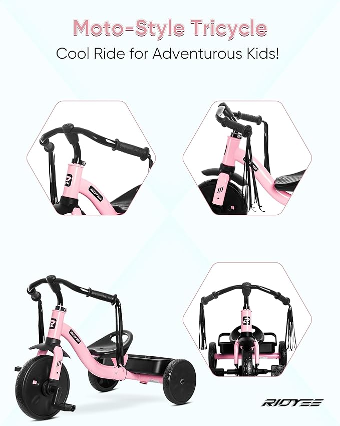 2-in-1 Tricycle for Toddlers Ages 1.5–3, Trike with Extended Push Handle, Removable Wagon-Style Basket, Adjustable Handlebar with Tassels, and Fore-AFT Adjustable Seat, Pink
