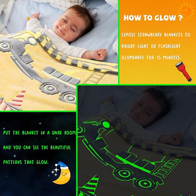 REXEO Tractor Blanket Glow in The Dark Truck Blanket for Kids Cute Soft Excavators Throw for Boys Fleece Construction Toddler Boy Birthday Gifts for Kids