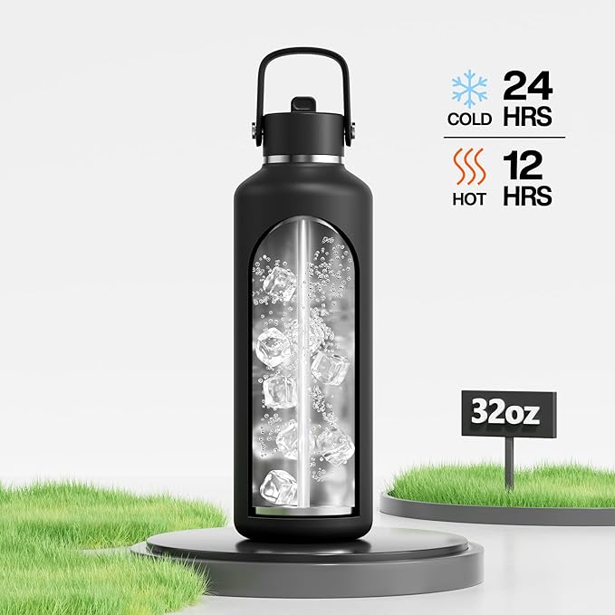 POWCAN 32 oz Insulated Water Bottle with Straw: Leakproof, Top Handle, Keep Cold 24H, BPA-Free, Double Wall Stainless Steel Water Bottle for Travel, Sport, Gym, Outdoors, Camping (Midnight Black)