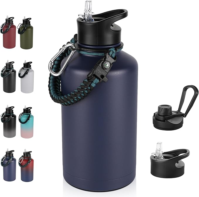 64 oz Insulated Water Bottle with Straw & Spout Lids, Stainless Steel Metal Half Gallon Water Jug with Paracord Handle, Double Wall Vacuum, Leakproof, Keep Drinks Cold & Hot, Navy