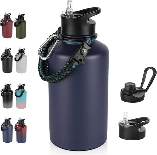 64 oz Insulated Water Bottle with Straw & Spout Lids, Stainless Steel Metal Half Gallon Water Jug with Paracord Handle, Double Wall Vacuum, Leakproof, Keep Drinks Cold & Hot, Navy
