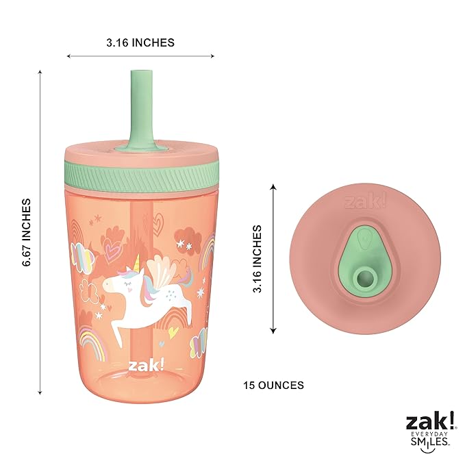 Zak Designs Kelso Tumbler Set 15 oz, (Unicorn) Leak-Proof Screw-On Lid with Straw Made of Durable Plastic and Silicone, Perfect Cup Bundle for Kids (2pc Set)