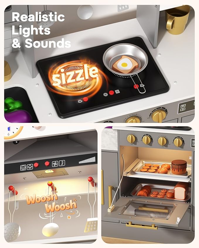 BIERUM Wooden Play Kitchen for Kids Ages 3-8 with Lights & Sounds, Pretend Play Kitchen Set with Stove, Ice Maker, Coffee Maker, Oven & Accessories, Toddler Kitchen Playset for Boys and Girls (Gray)