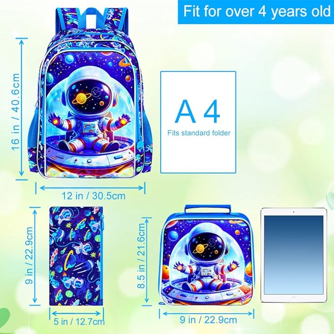 3Pcs Space Backpack for Boy, 16" Astronaut Bookbag for Elementary Preschool Kindergarten, Kids School Backpacks with Lunch Box (Blue)