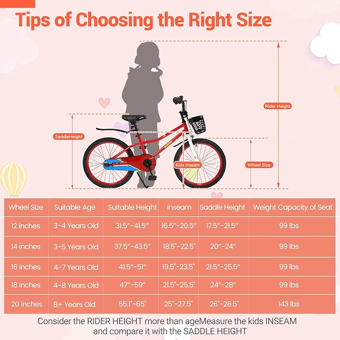 BABY JOY Kids Bike, 12 14 16 18 20 Inch Children Bikes for Boys Girls Teens 3-8 8+ Years w/Training Wheels or Kickstand, Handbrake, Coaster Brake & Removable Basket, Kids Bicycle of Multiple Colors